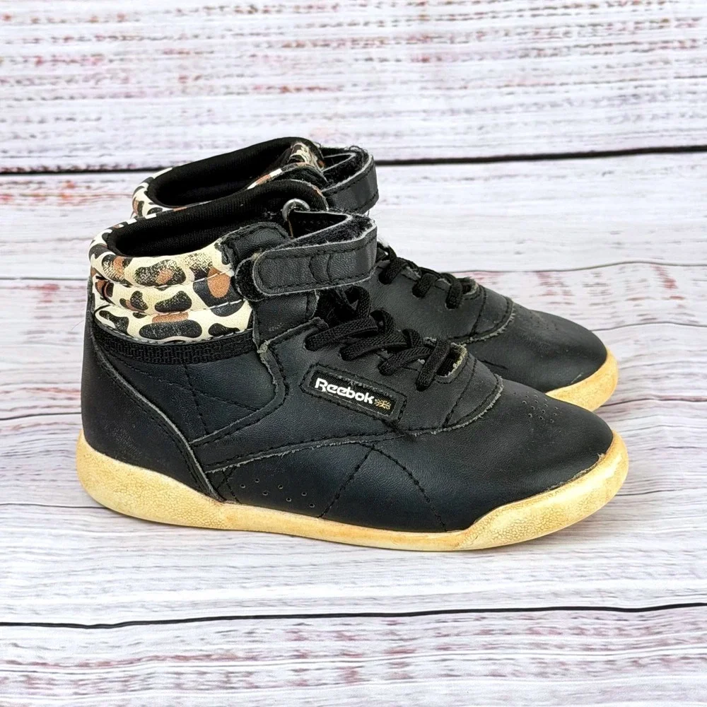 VTG Reebok Freestyle Hi Toddler Kids Black Leopard High Top Sneakers Size 7